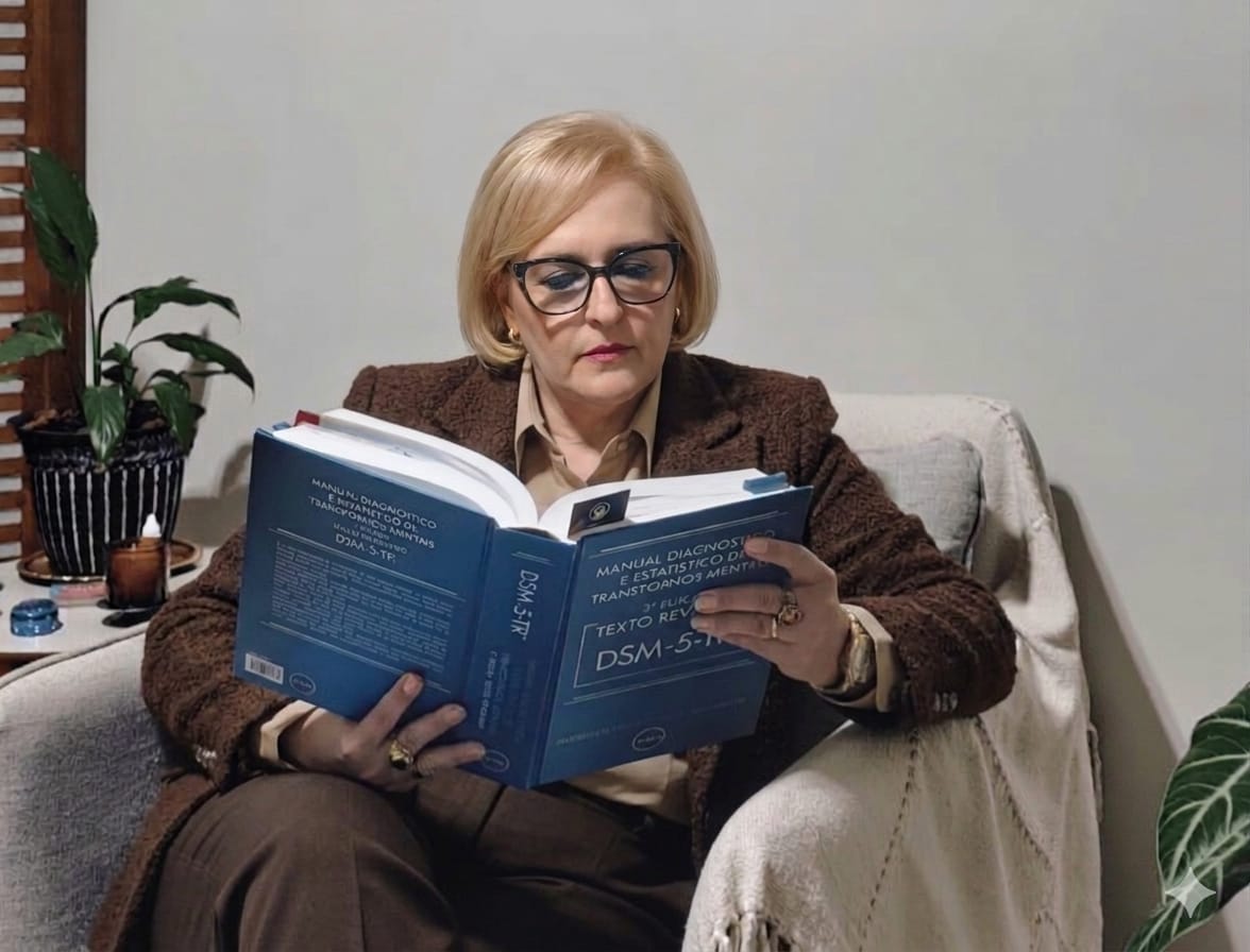 Psicóloga Silvia Guerra em momento de estudo com manual DSM-5